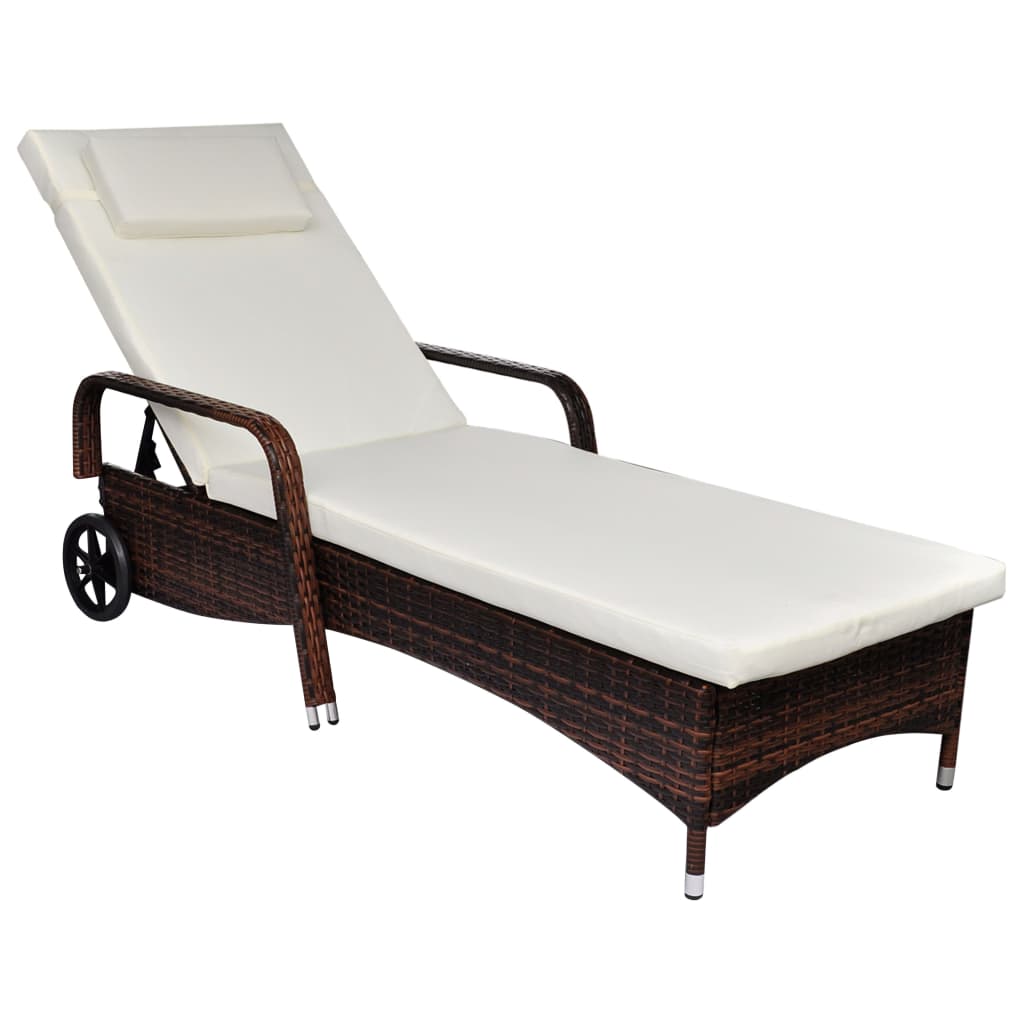 Sonnenliege mit Polster & Rollen Poly Rattan Braun