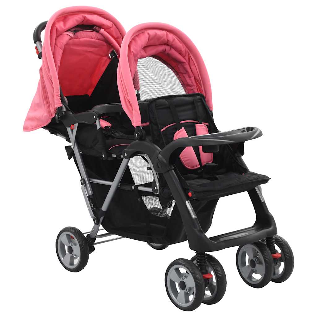 Tandem-Kinderwagen Stahl Rosa und Schwarz