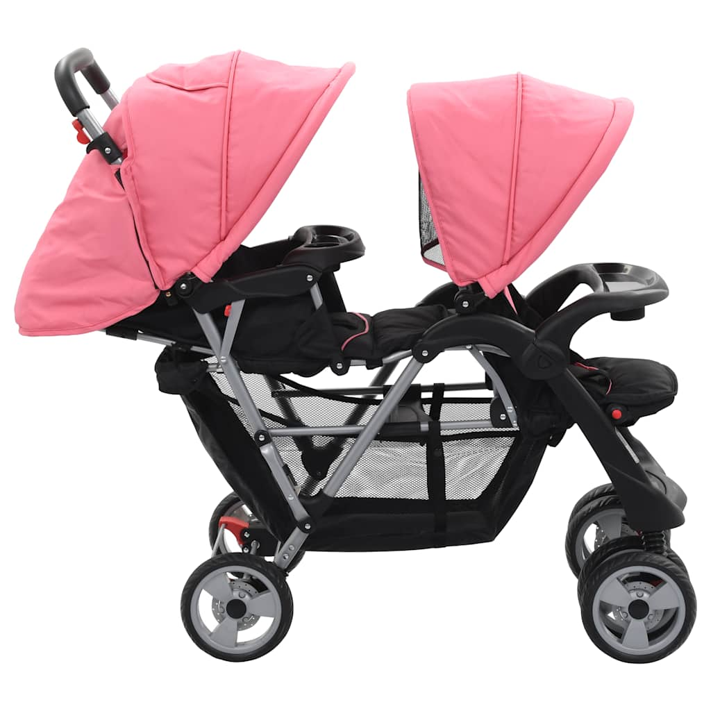 Tandem-Kinderwagen Stahl Rosa und Schwarz