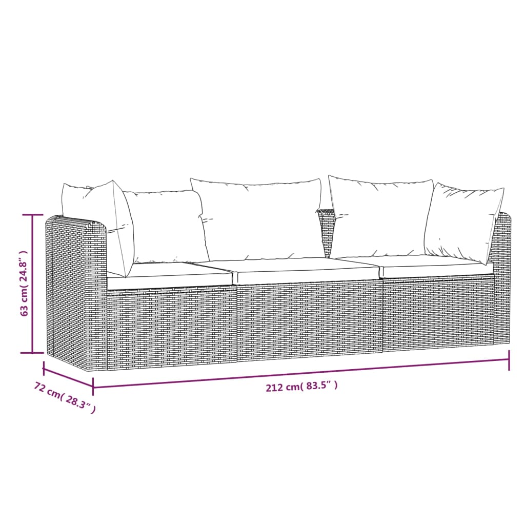 3-tlg. Garten-Sofagarnitur mit Auflagen Poly Rattan Schwarz