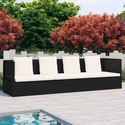 Garten-Sofabett mit Kissen Poly Rattan Schwarz