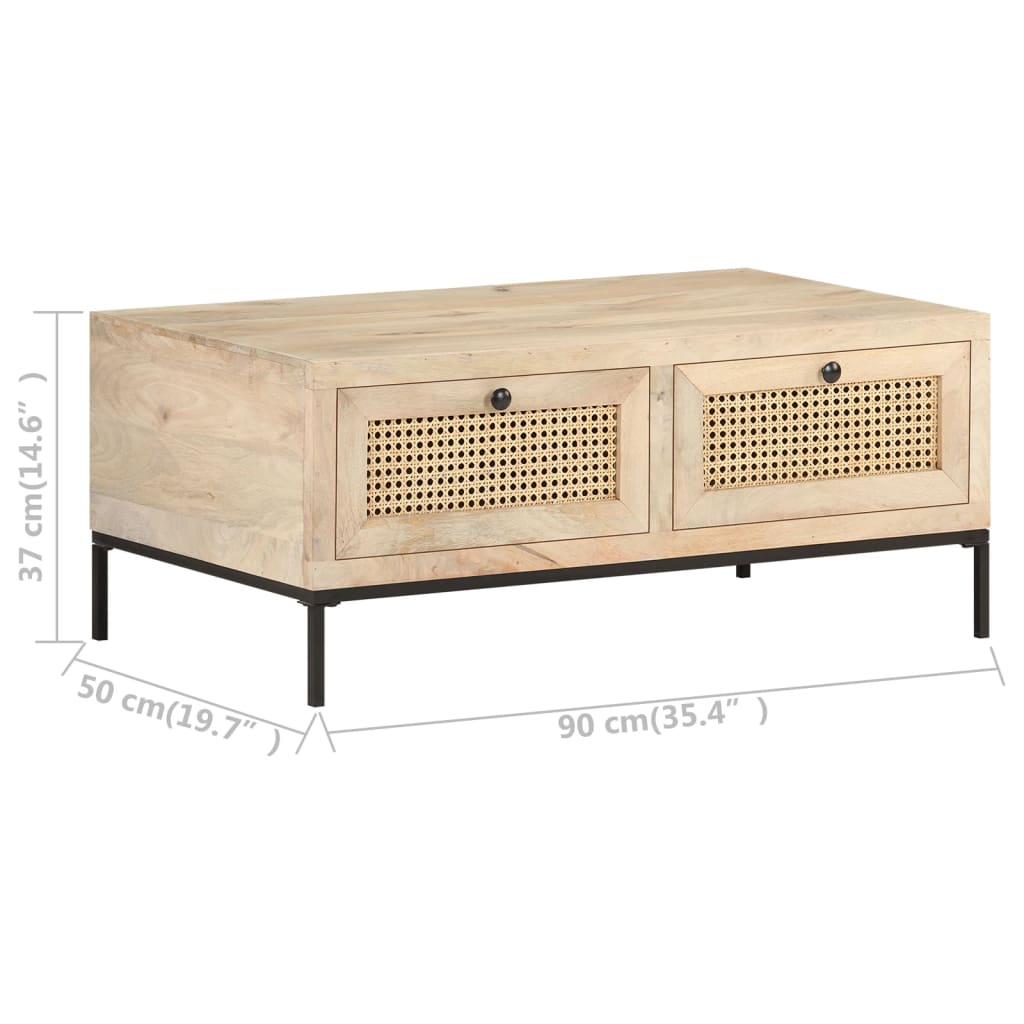 Couchtisch 90x50x37 cm Mango Massivholz und Rohrgeflecht