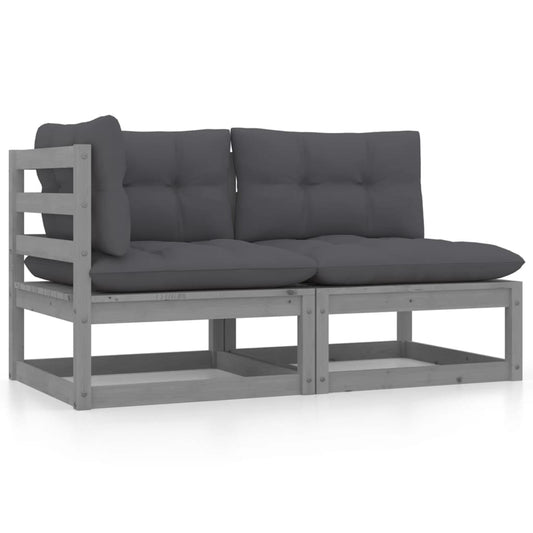 2-tlg. Garten-Lounge-Set mit Kissen Grau Kiefer Massivholz