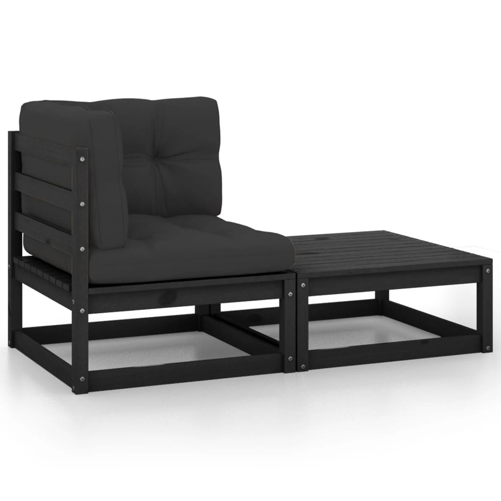 2-tlg. Garten-Lounge-Set mit Kissen Schwarz Kiefer Massivholz