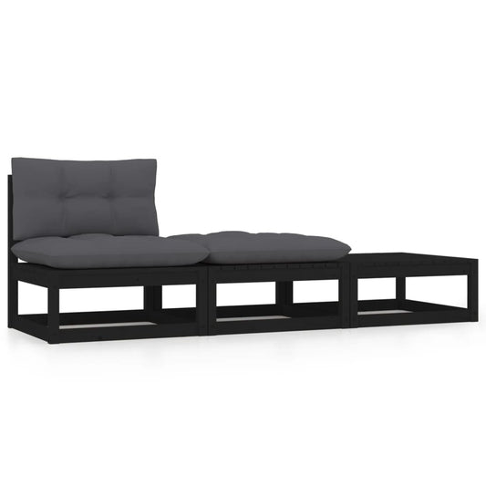 3-tlg. Garten-Lounge-Set mit Kissen Schwarz Kiefer Massivholz