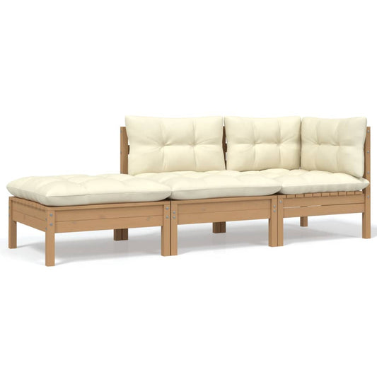 3-tlg. Garten-Lounge-Set mit Creme Kissen Massivholz Kiefer