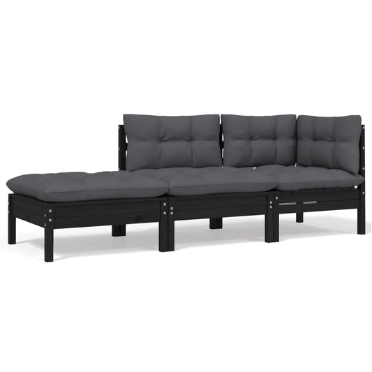 3-tlg. Garten-Lounge-Set mit Kissen Schwarz Kiefer Massivholz