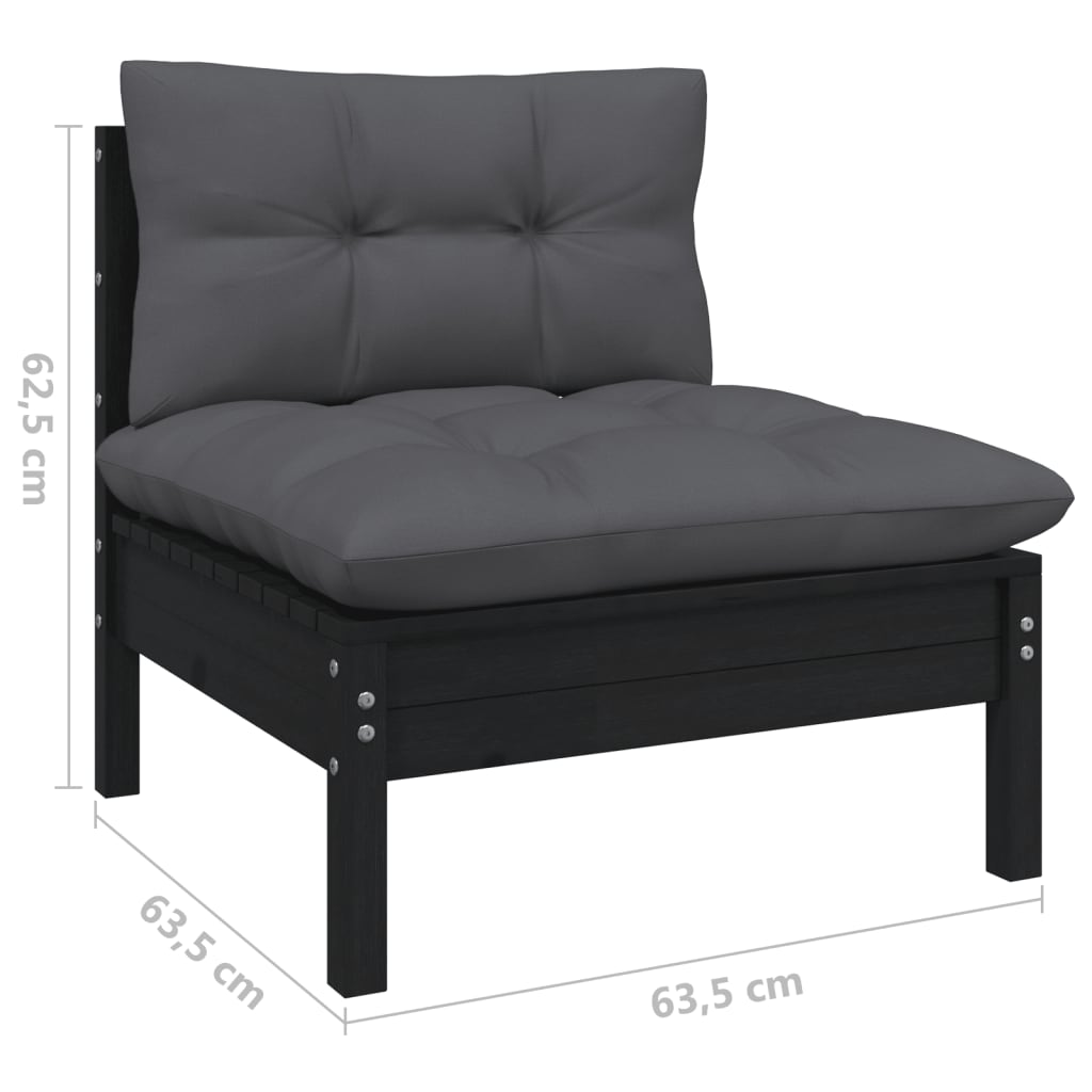 3-tlg. Garten-Lounge-Set mit Kissen Schwarz Kiefer Massivholz