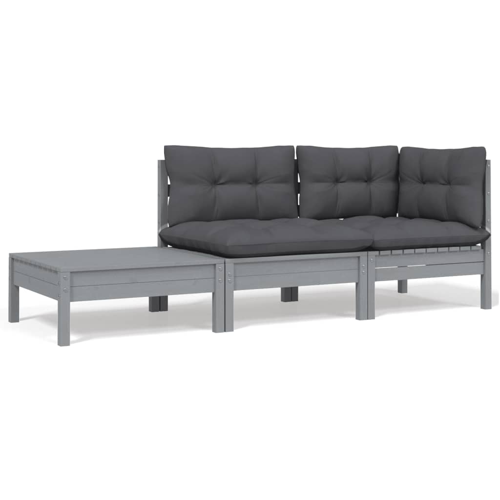 3-tlg. Garten-Lounge-Set mit Kissen in Grau Kiefer Massivholz