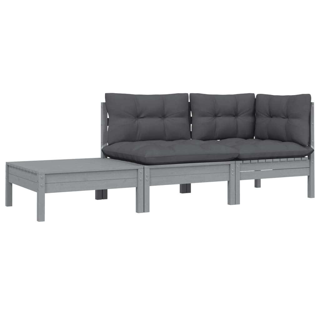 3-tlg. Garten-Lounge-Set mit Kissen in Grau Kiefer Massivholz