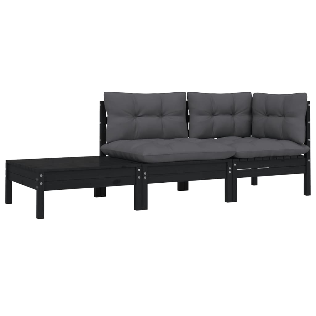 3-tlg. Garten-Lounge-Set mit Kissen Schwarz Kiefer Massivholz