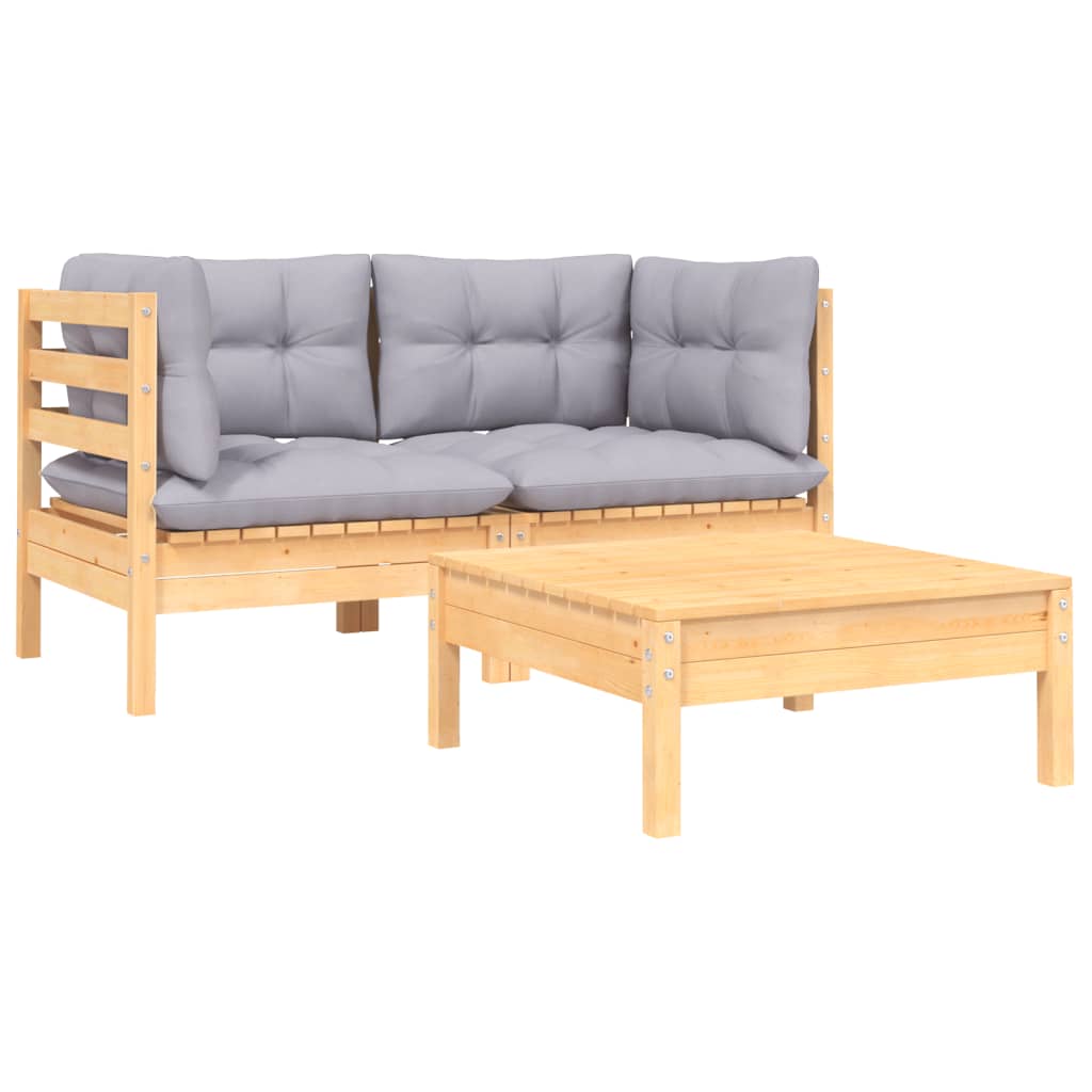 3-tlg. Garten-Lounge-Set mit Grauen Kissen Kiefer Massivholz