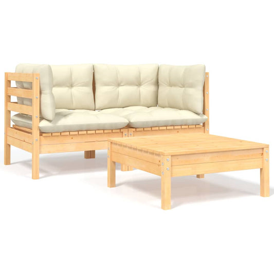 3-tlg. Garten-Lounge-Set mit Kissen in Creme Massivholz Kiefer