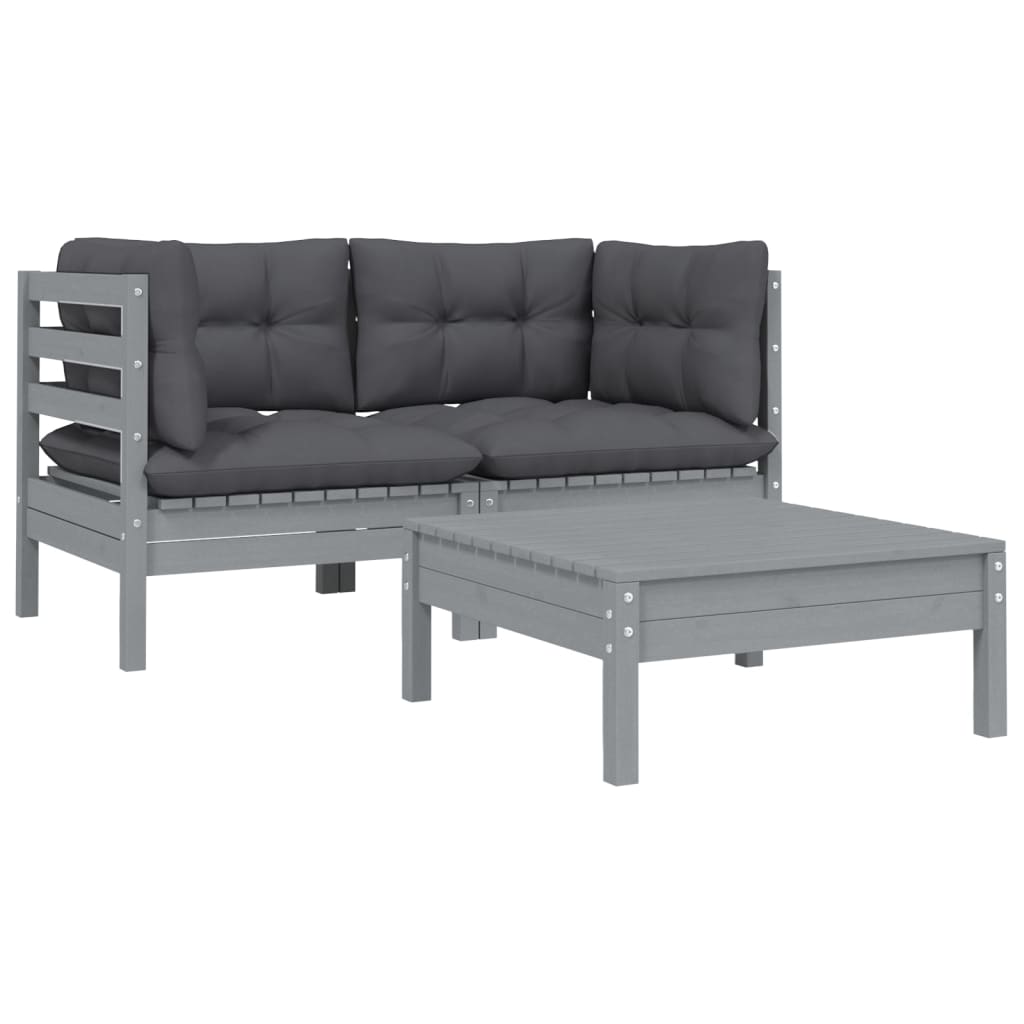 3-tlg. Garten-Lounge-Set mit Kissen Grau Kiefer Massivholz