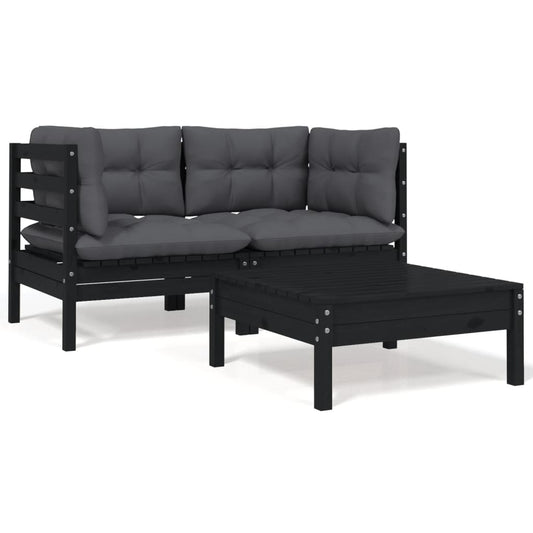 3-tlg. Garten-Lounge-Set mit Kissen Schwarz Massivholz Kiefer