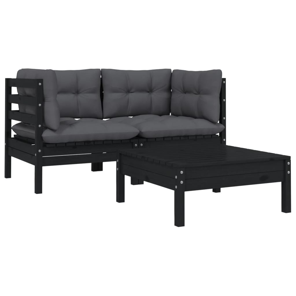 3-tlg. Garten-Lounge-Set mit Kissen Schwarz Massivholz Kiefer