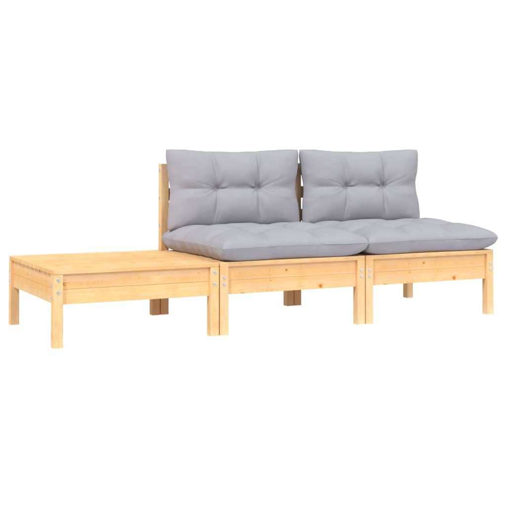 3-tlg. Garten-Lounge-Set mit Kissen Grau Kiefer Massivholz