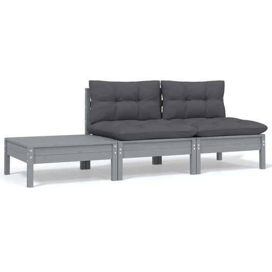 3-tlg. Garten-Lounge-Set mit Kissen Grau Kiefer Massivholz