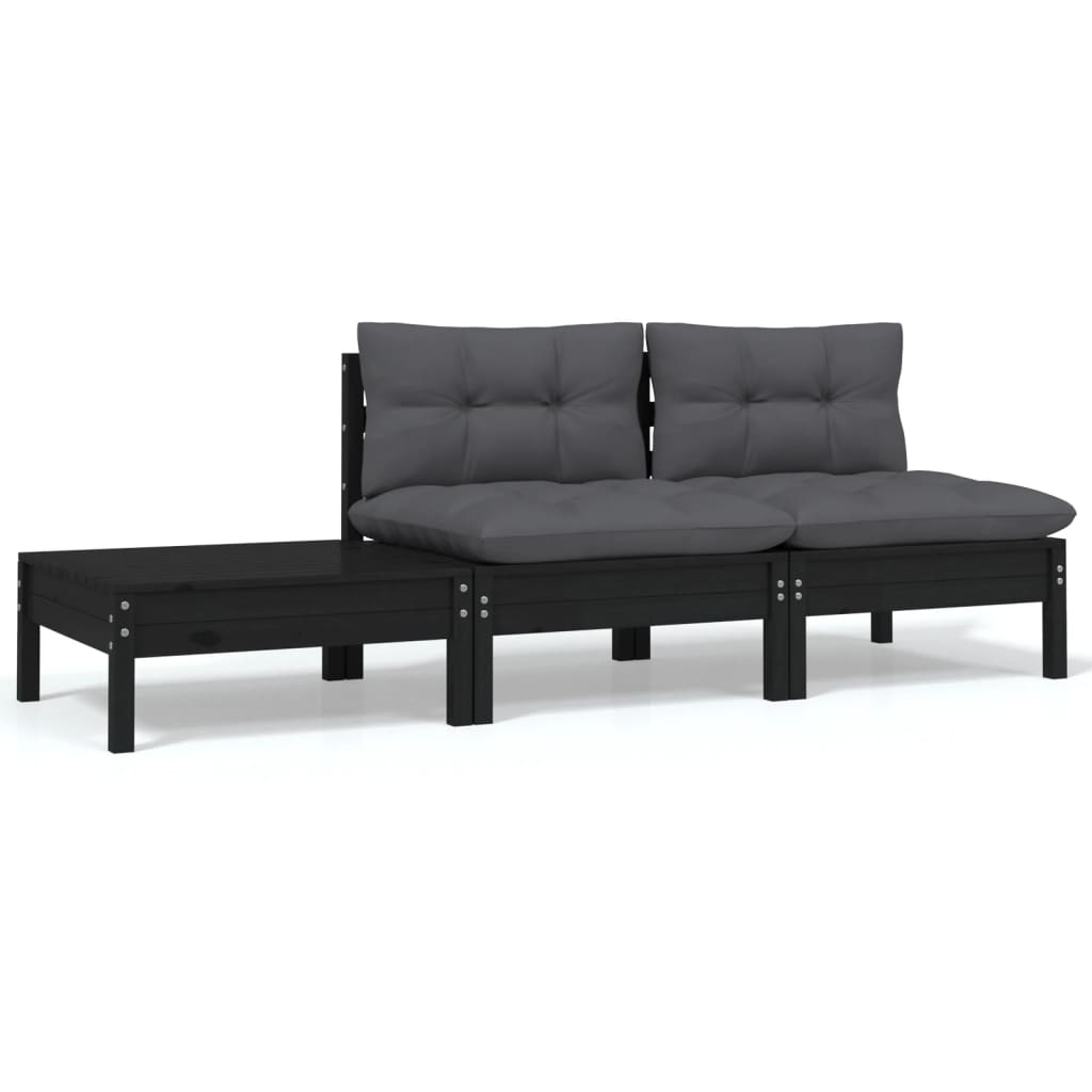 3-tlg. Garten-Lounge-Set mit Kissen Schwarz Kiefer Massivholz