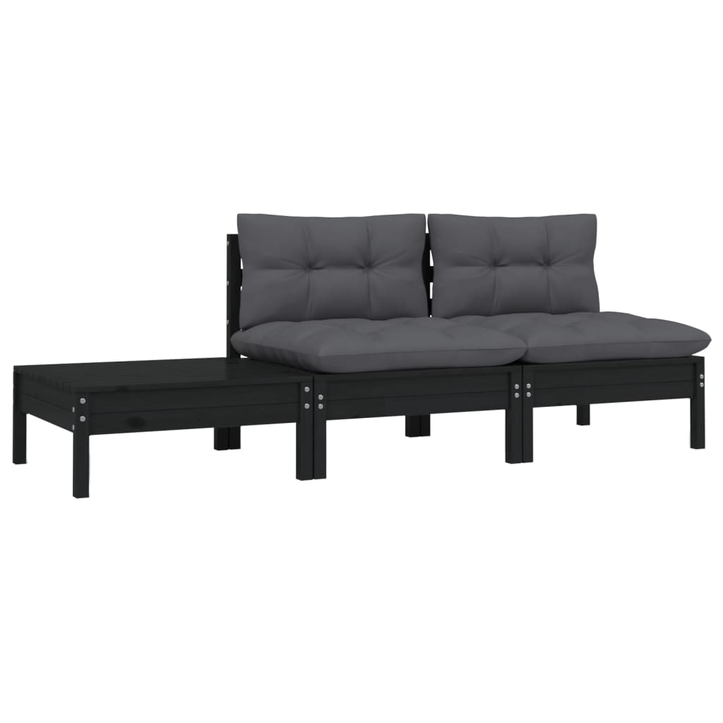 3-tlg. Garten-Lounge-Set mit Kissen Schwarz Kiefer Massivholz