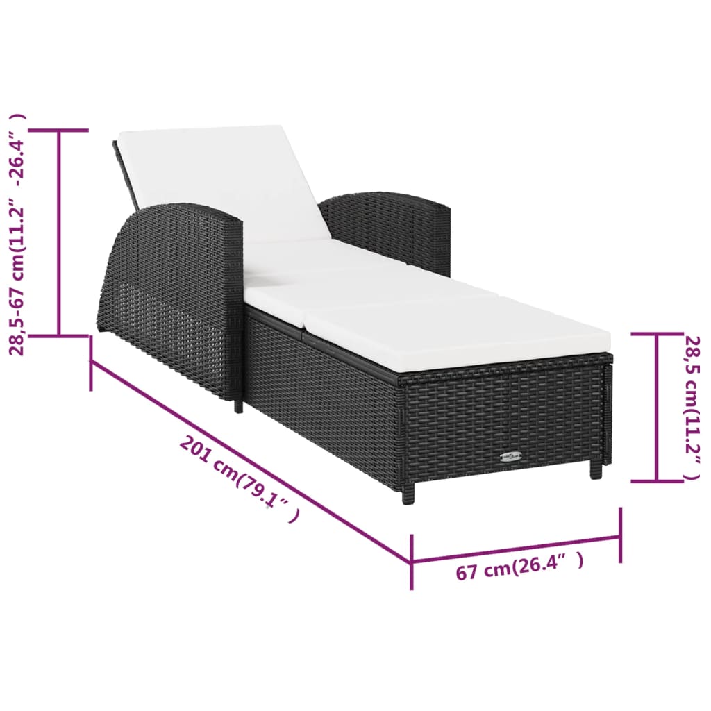 Sonnenliege mit Cremeweißer Auflage Poly Rattan Schwarz