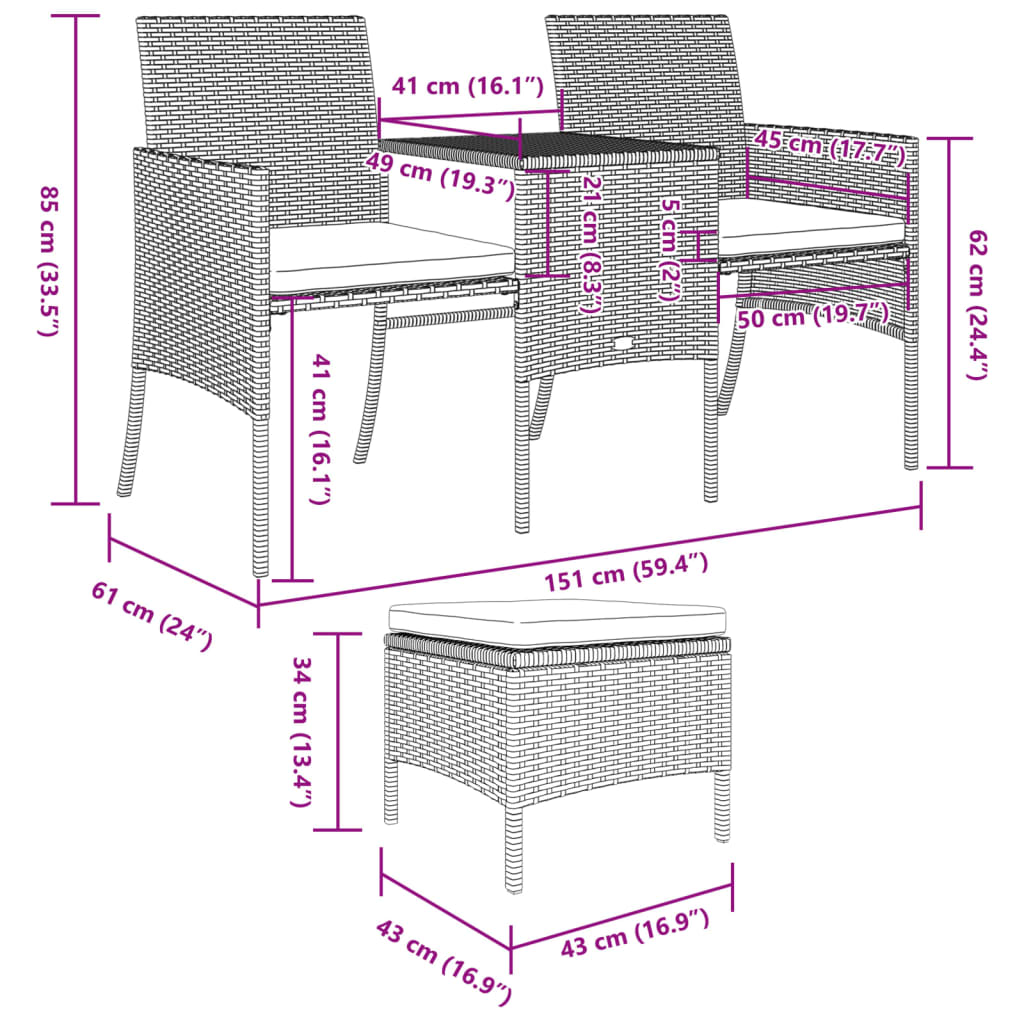 Gartensofa 2-Sitzer mit Tisch und Hockern Braun Poly Rattan