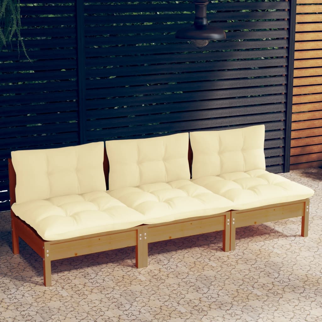 3-Sitzer-Gartensofa mit Creme Kissen Massivholz Kiefer