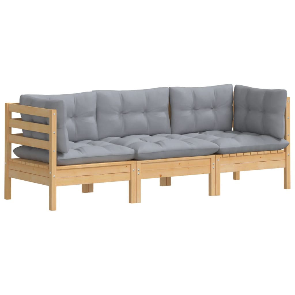 3-Sitzer-Gartensofa mit Grauen Kissen Massivholz Kiefer