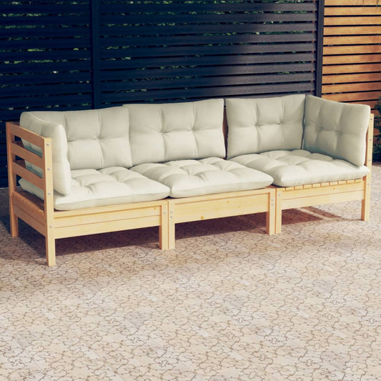 3-Sitzer-Gartensofa mit Creme Kissen Massivholz Kiefer