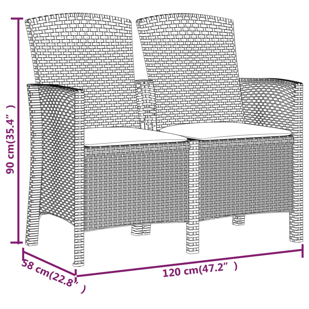 Gartenbank 2-Sitzer mit Kissen PP-Rattan Braun