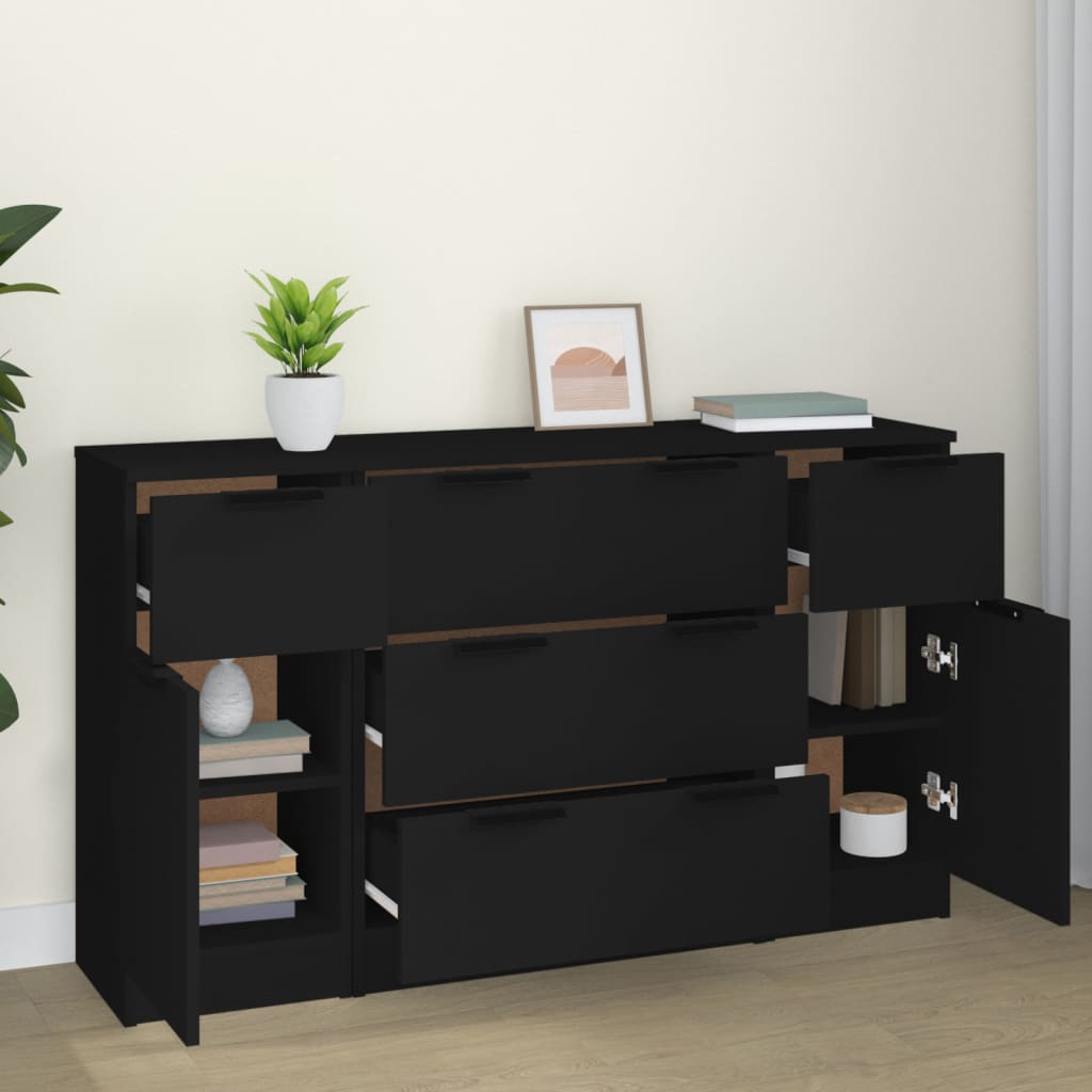 3-tlg. Sideboard-Set Schwarz Holzwerkstoff