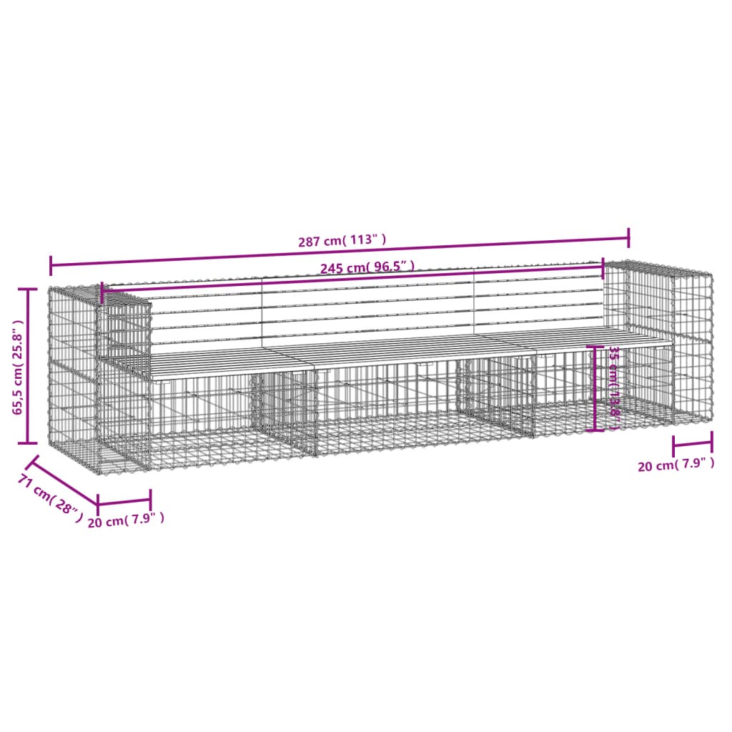 Gartenbank aus Gabionen 287x71x65,5 cm Massivholz Douglasie