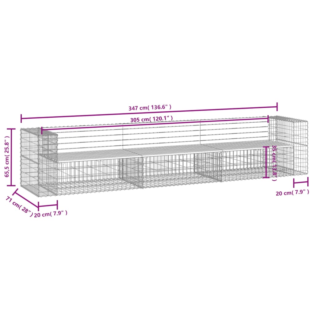 Gartenbank aus Gabionen 347x71x65,5 cm Massivholz Douglasie