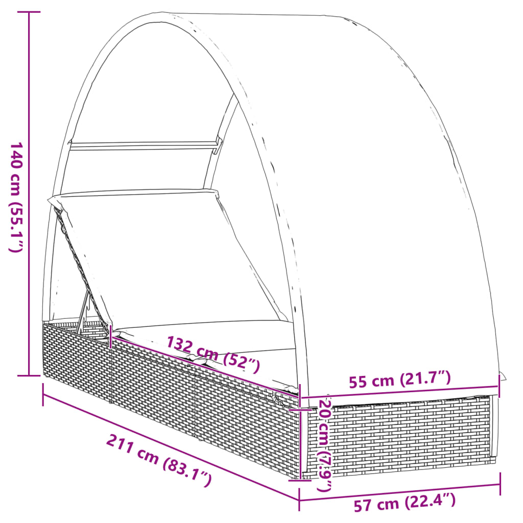 Sonnenliege mit Runddach Grau 211x57x140 cm Poly Rattan