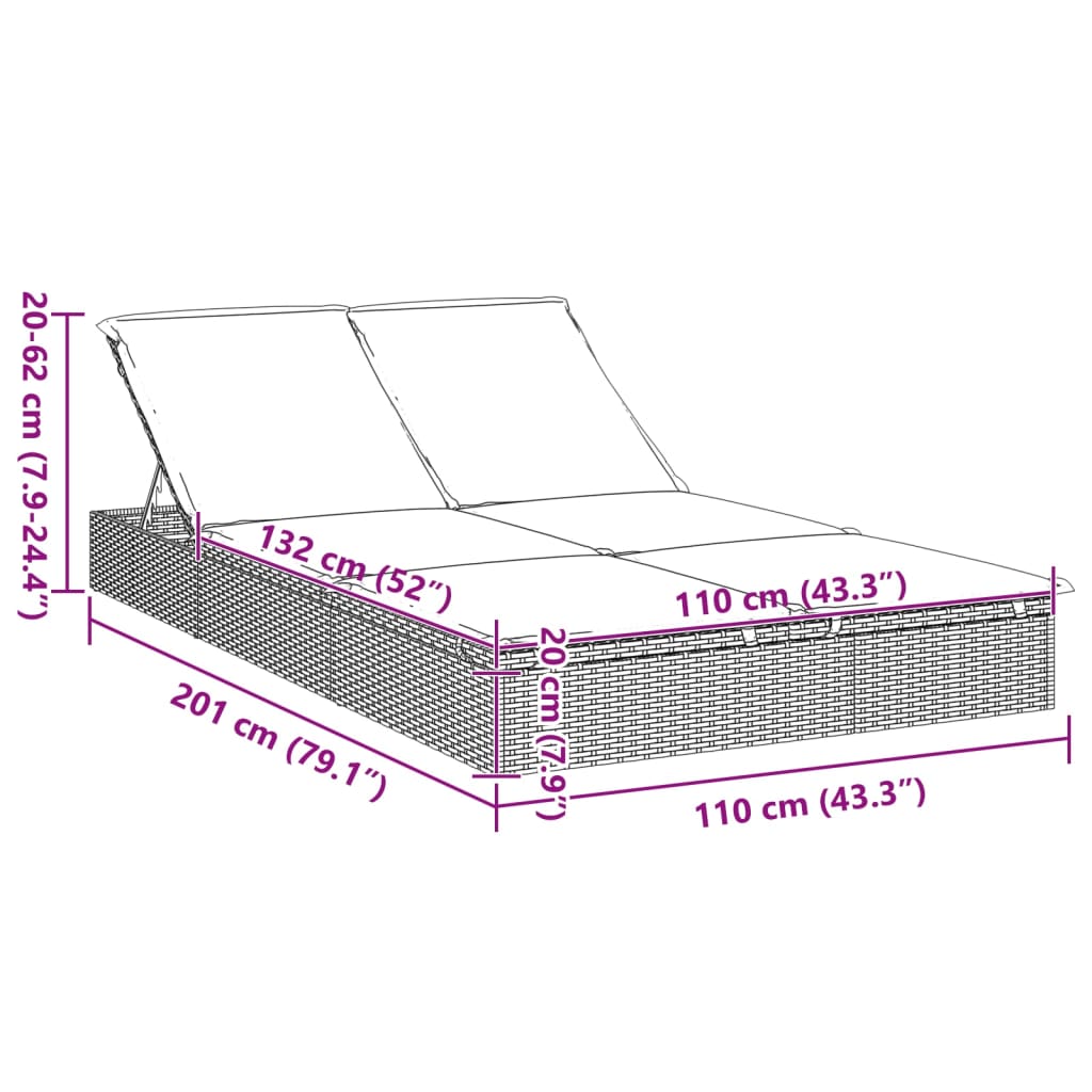 Sonnenliege für 2 Personen mit Auflage Grau Poly Rattan