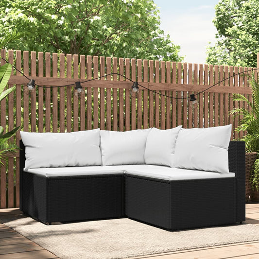 3-tlg. Garten-Lounge-Set mit Kissen Schwarz Poly Rattan