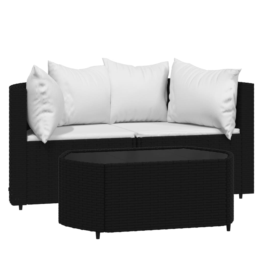 3-tlg. Garten-Lounge-Set mit Kissen Schwarz Poly Rattan