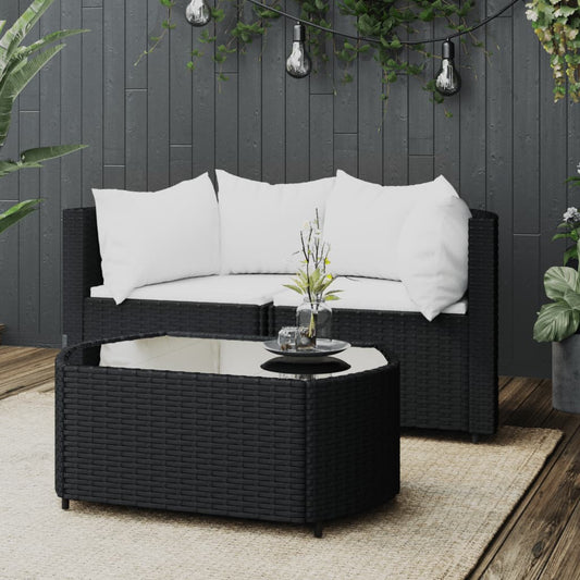 3-tlg. Garten-Lounge-Set mit Kissen Schwarz Poly Rattan