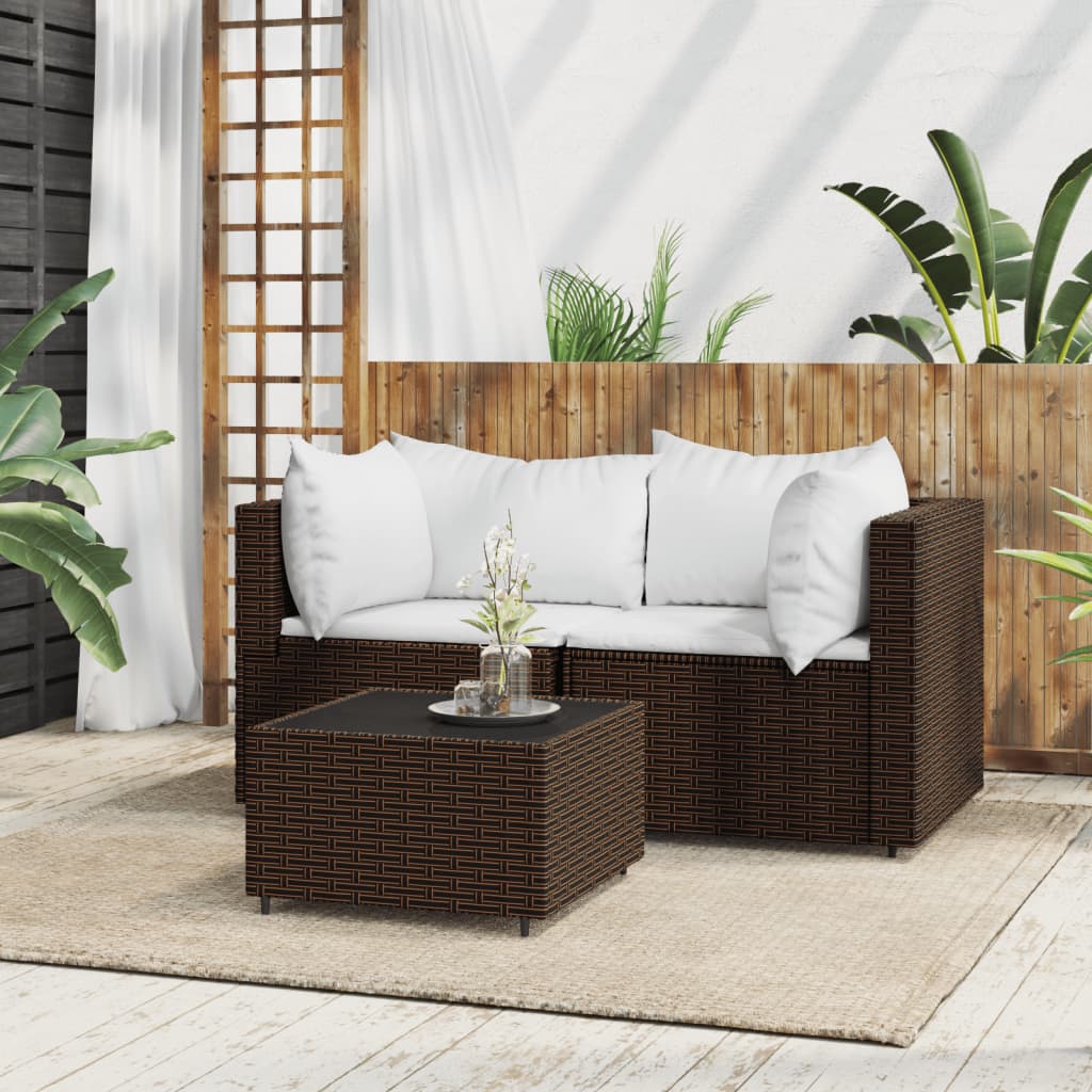 3-tlg. Garten-Lounge-Set mit Kissen Braun Poly Rattan