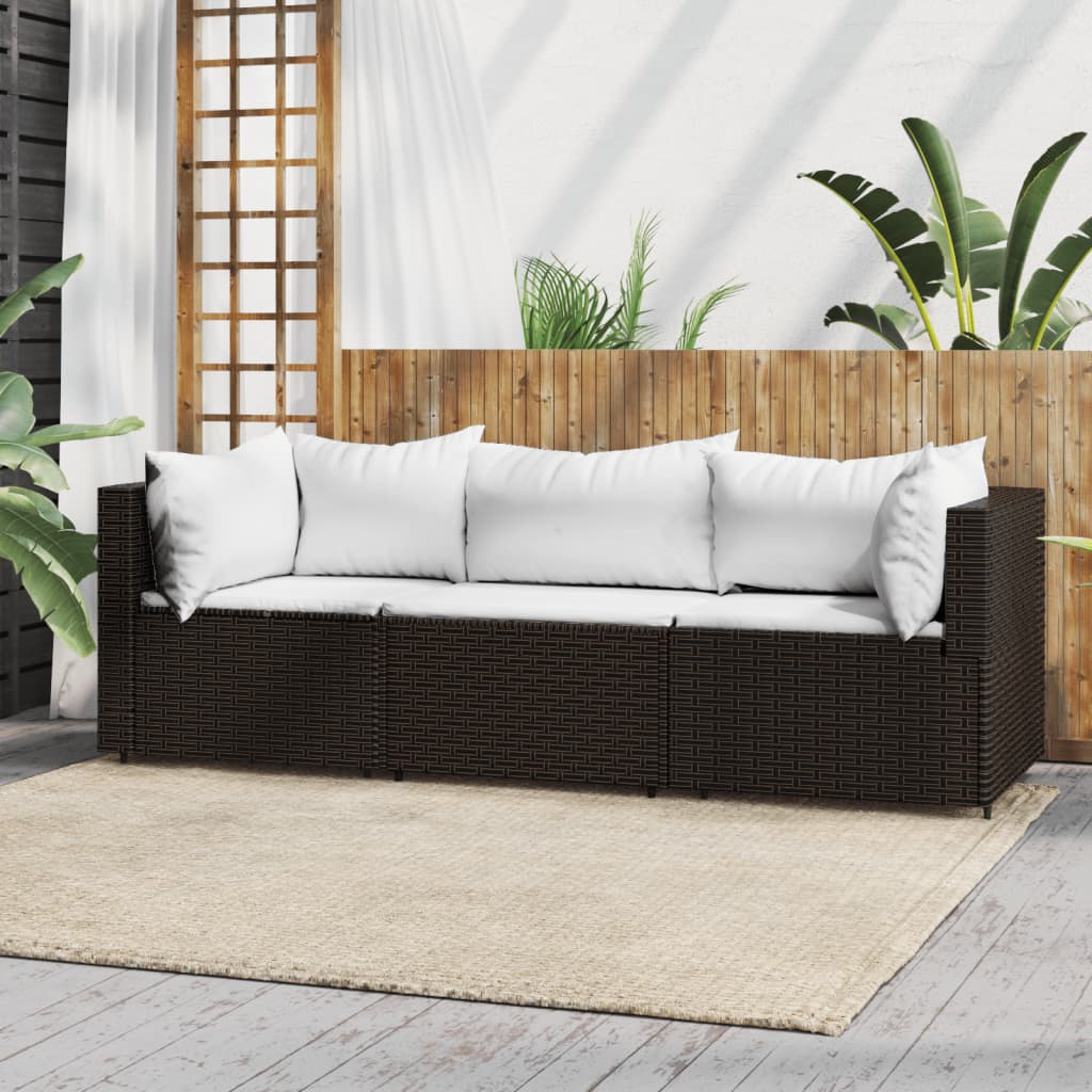 3-tlg. Garten-Lounge-Set mit Kissen Braun Poly Rattan