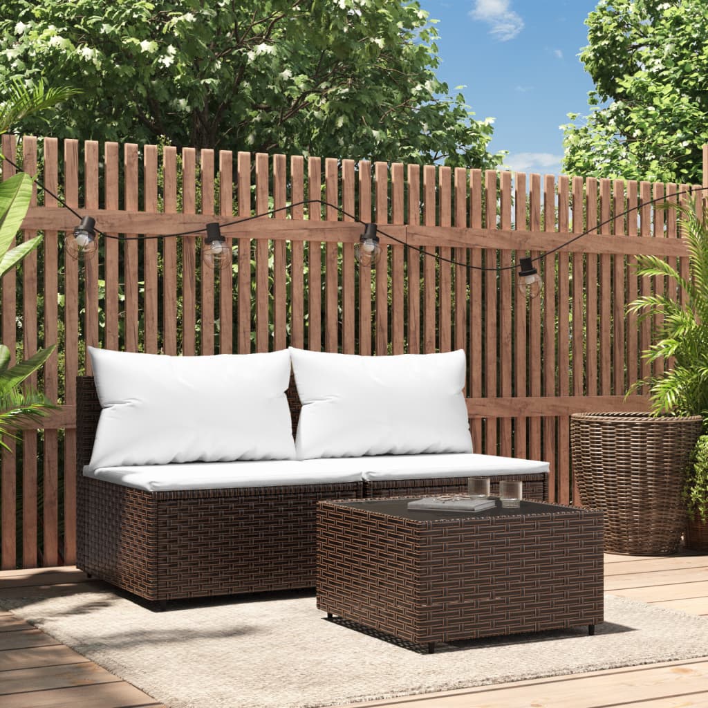 3-tlg. Garten-Lounge-Set mit Kissen Braun Poly Rattan