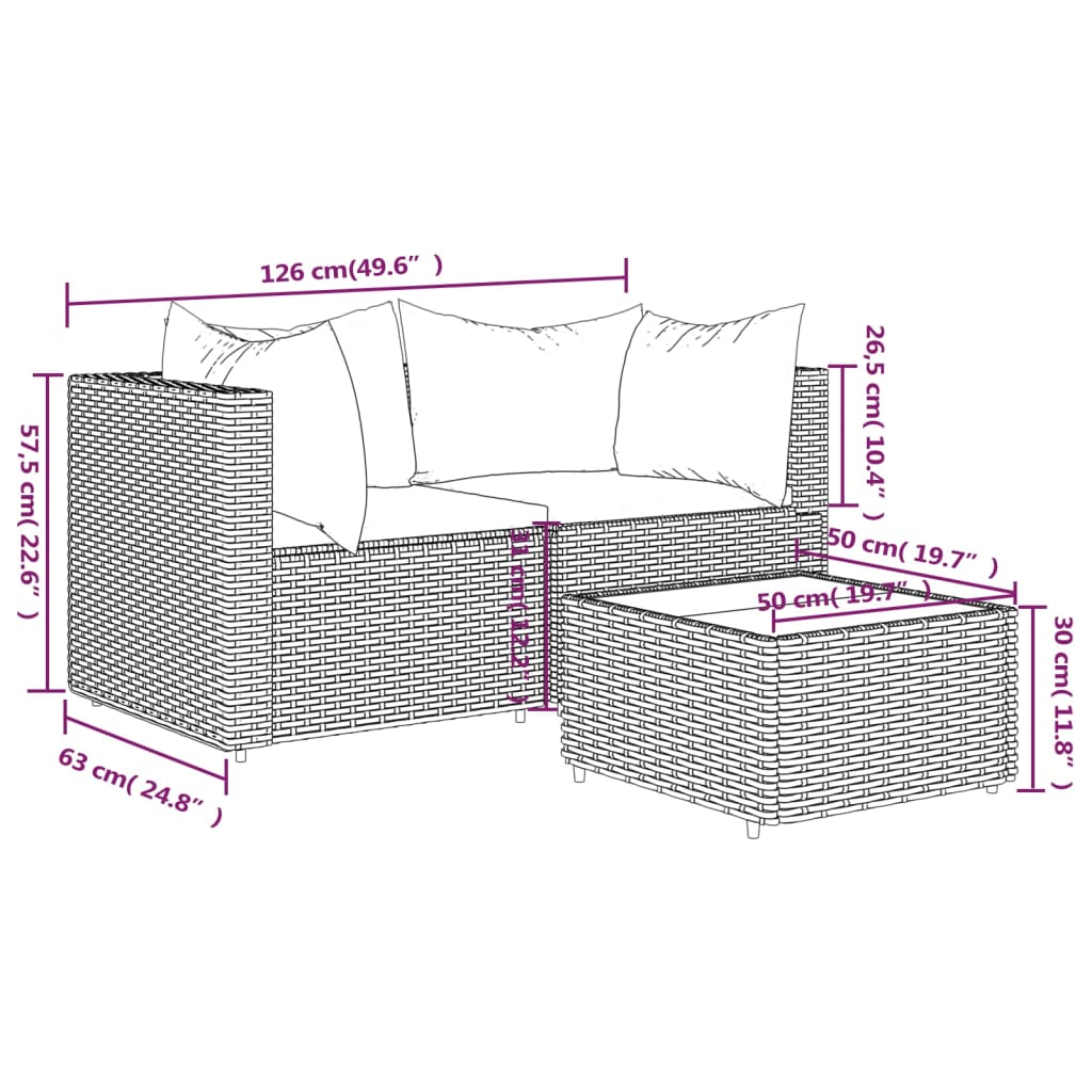 3-tlg. Garten-Lounge-Set mit Kissen Grau Poly Rattan