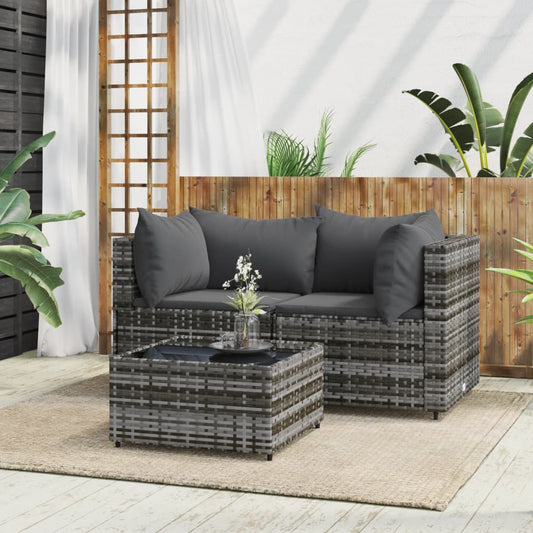 3-tlg. Garten-Lounge-Set mit Kissen Grau Poly Rattan