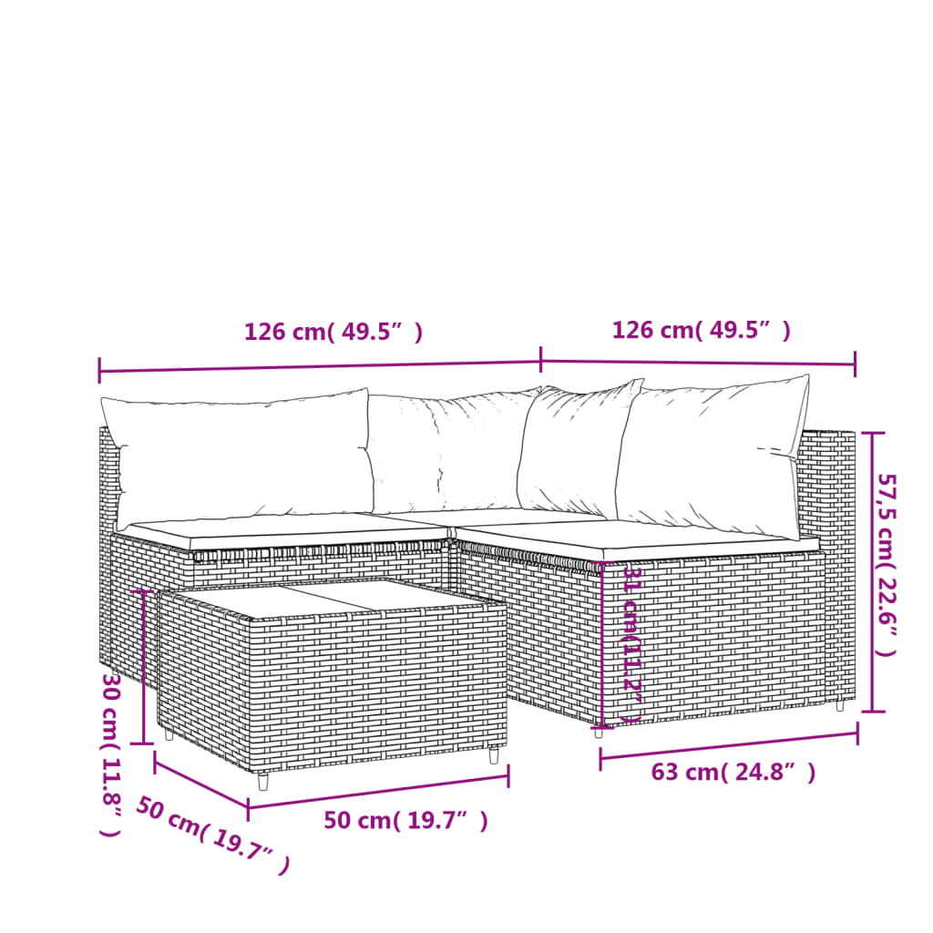 4-tlg. Garten-Lounge-Set mit Kissen Grau Poly Rattan