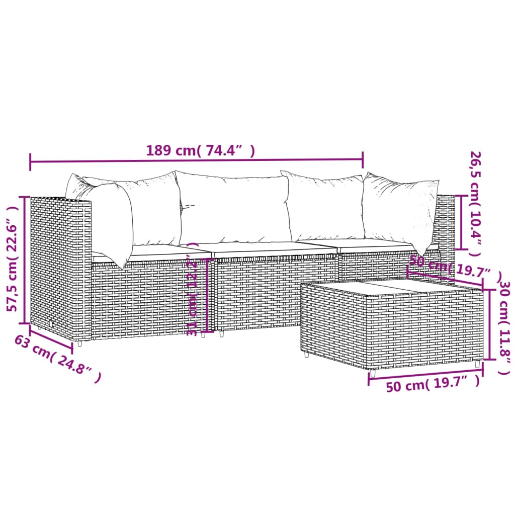 4-tlg. Garten-Lounge-Set mit Kissen Grau Poly Rattan