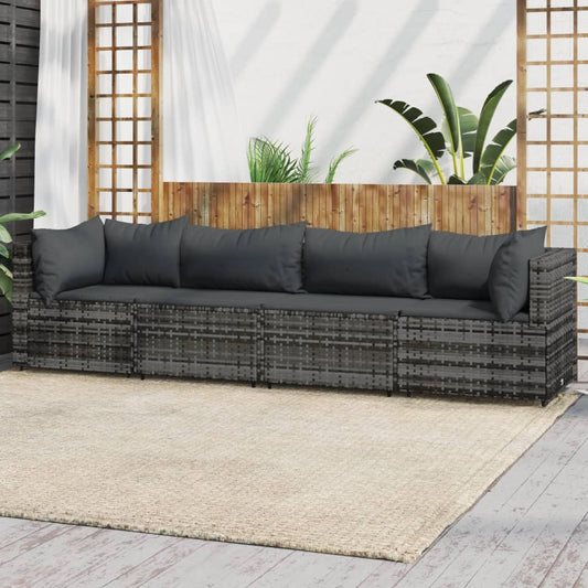 4-tlg. Garten-Lounge-Set mit Kissen Grau Poly Rattan