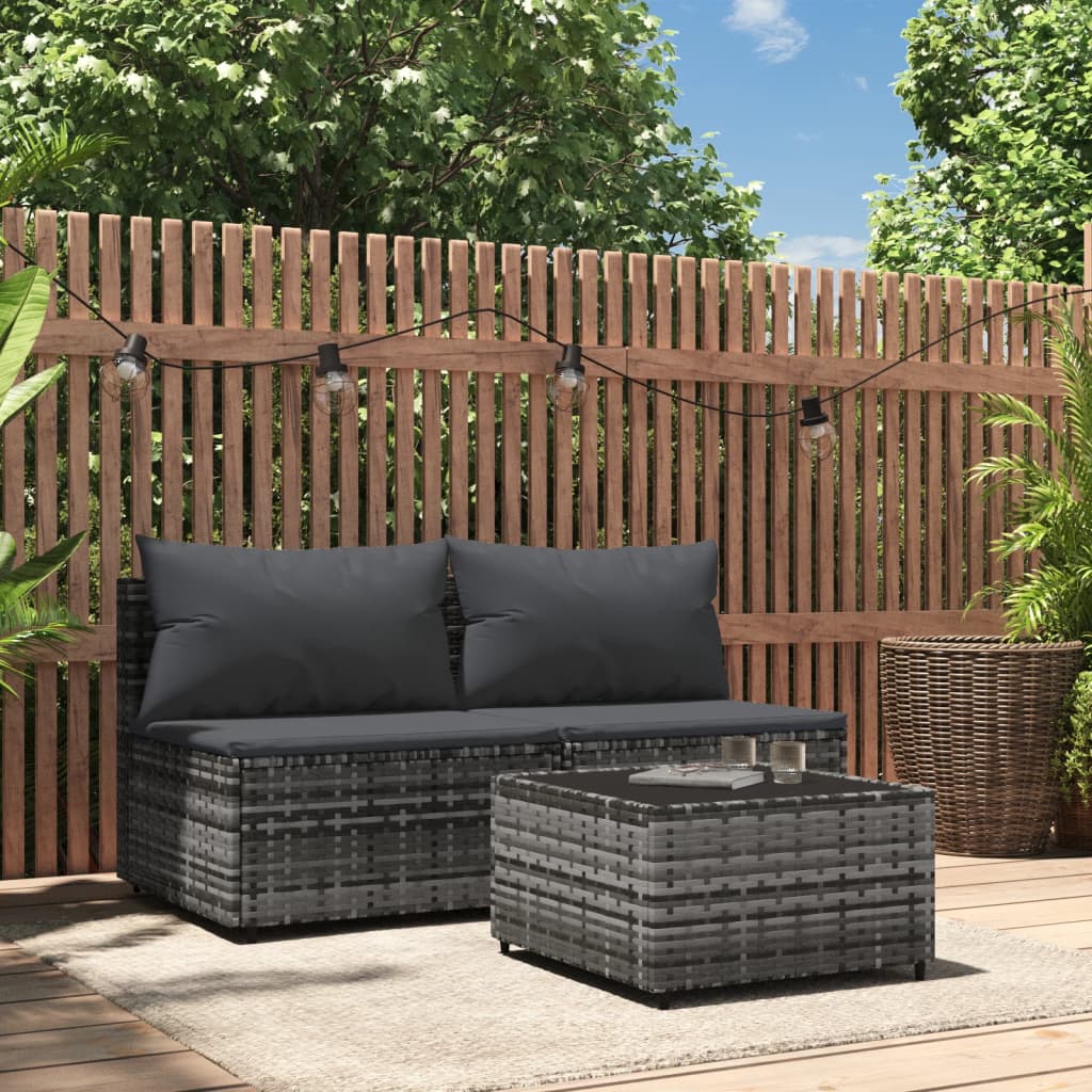 3-tlg. Garten-Lounge-Set mit Kissen Grau Poly Rattan