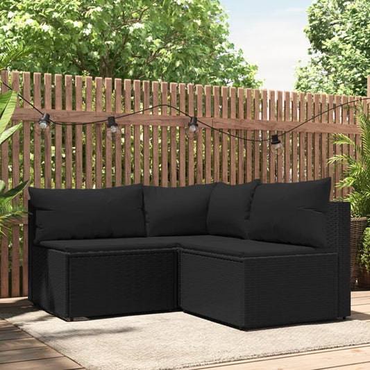 3-tlg. Garten-Lounge-Set mit Kissen Schwarz Poly Rattan