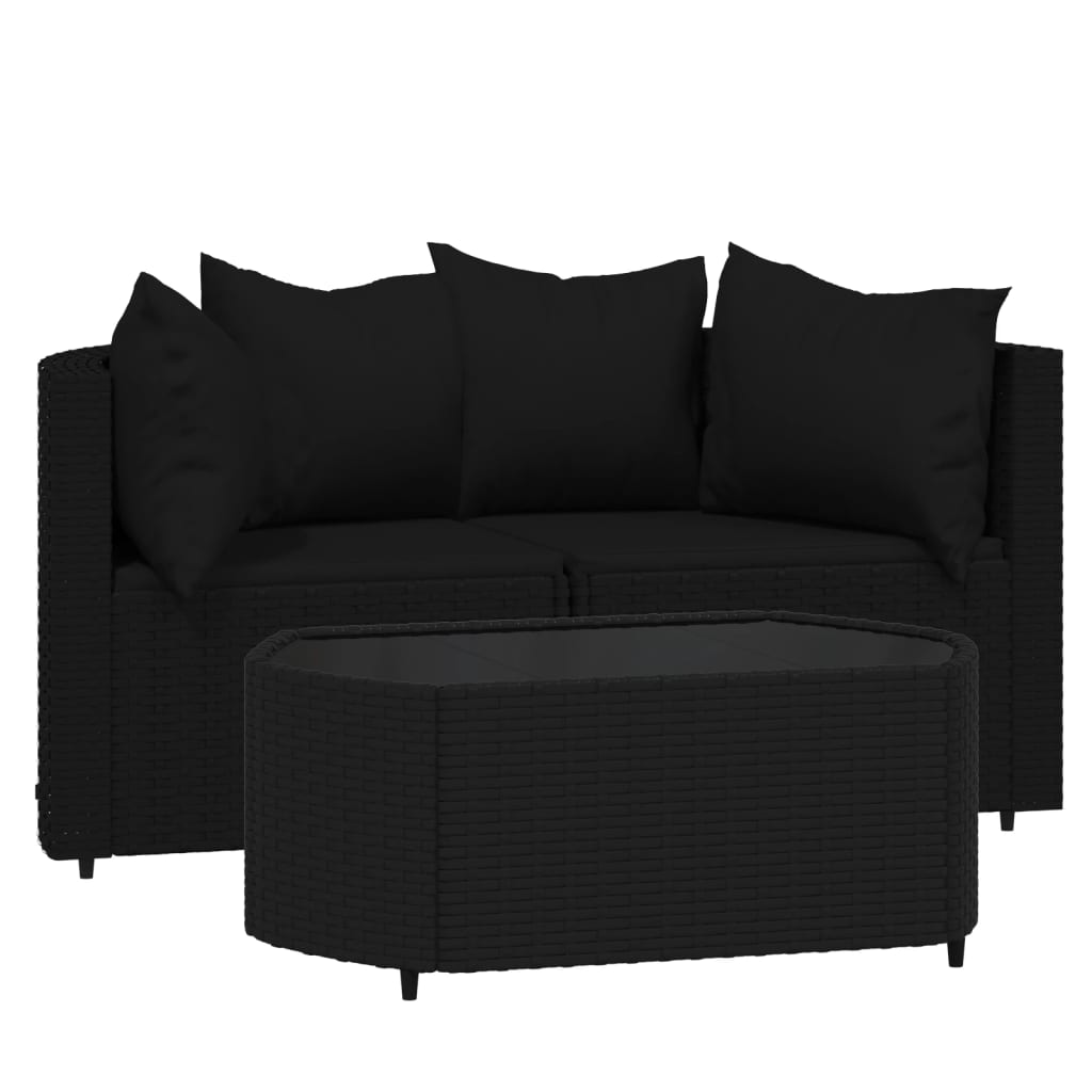 3-tlg. Garten-Lounge-Set mit Kissen Schwarz Poly Rattan