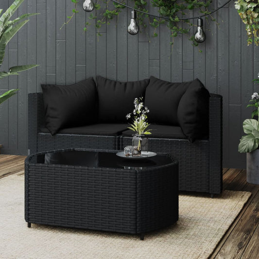 3-tlg. Garten-Lounge-Set mit Kissen Schwarz Poly Rattan